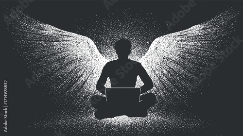A silhouette of a person meditating with angel wings symbolizing creativity and technology.