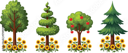 Cartoon illustration of different trees with green leaves, apples, and sunflowers in garden landscape, vector design for outdoor nature decoration.