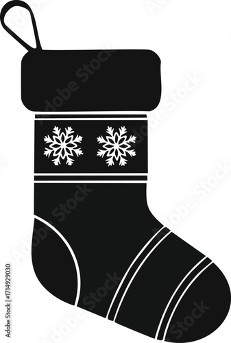 Black Christmas stocking silhouette with snowflakes and stripes