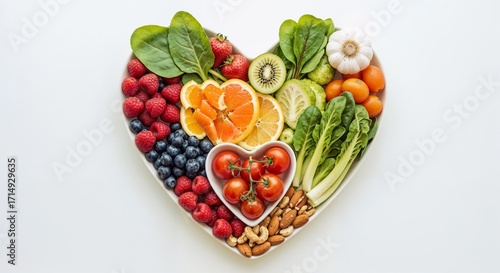 Top view of heart-healthy foods, including fresh produce and nuts, symbolizing a nutritious lifestyle.