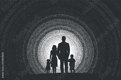 Silhouette of a family standing together against a light background representing unity and love.