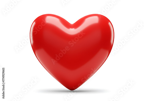 Vibrant red glossy 3D heart symbol isolated on a clean white background, representing profound love, passion, romance, and health, perfect for Valentine's Day designs or medical concepts