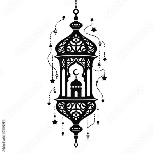Black Islamic lantern with crescent moon and stars