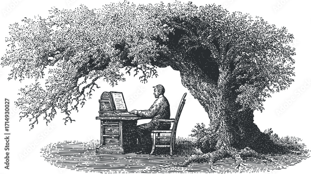 © Yana - A vintage illustration of a man typing at a typewriter under a large tree.