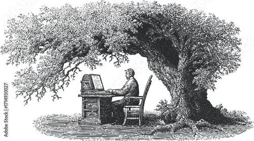 A vintage illustration of a man typing at a typewriter under a large tree.