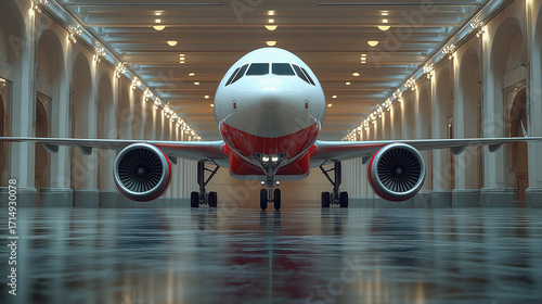 Modern airplane displayed indoors in a spacious hall with elegan