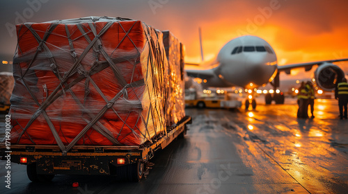 Cargo is being loaded onto an airplane at sunset at a busy airpo