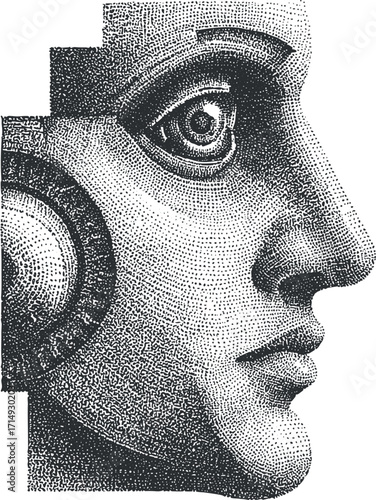 Stylized illustration of a human face in profile showcasing intricate details and vintage aesthetics.