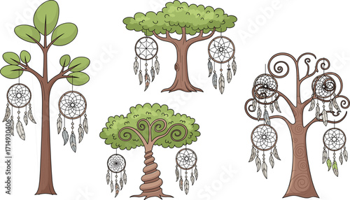 Dreamcatcher hanging on fantasy trees illustration, spiritual boho artwork design, nature inspired decorative vector concept for relaxation, meditation, peace, creativity, inspiration