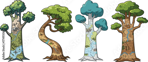 Fantasy adventure trees with map designs on trunks, creative illustration of nature storytelling, treasure journey vector art for magical exploration