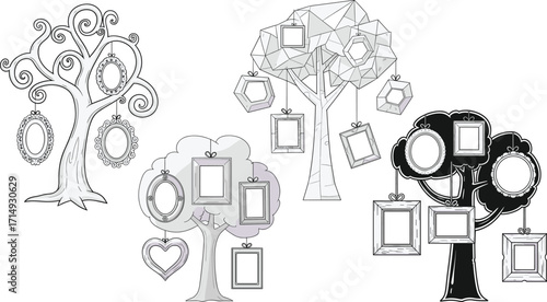 Family tree illustration with decorative photo frames, blank picture templates, genealogy design, creative vector artwork for memory keepsake decoration