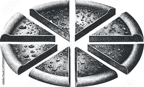 A graphic illustration of a pizza divided into eight slices showcasing a textured crust and toppings.