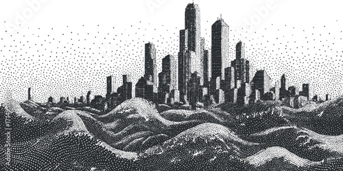 A detailed black and white illustration of a city skyline set against rolling hills.