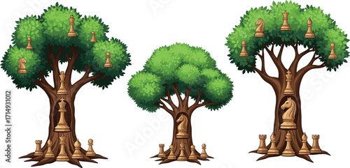 Fantasy trees decorated with chess pieces, creative surreal nature vector illustration, unique concept artwork design for strategy, imagination, abstract magical themes