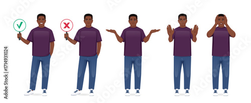 Set of young African American man wearing casual clothes showing negative emotions with different gestures. Showing right and wrong sign. Isolated vector illustration