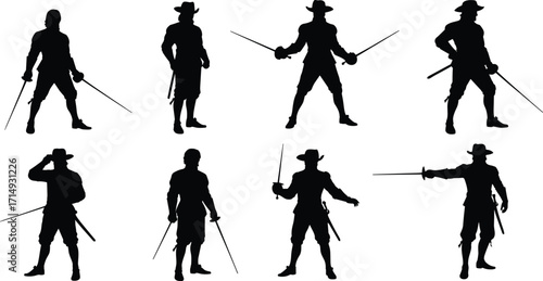 Fencer, swordsman, duelist, silhouette, illustration, warrior, combat, duel, swordplay, fighter, rapier, action, pose, costume, art, vector, historic, character, shadow, design