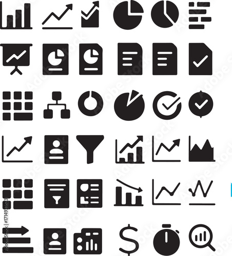 Collection of Business Data Analysis and Performance Metrics Icons Representing Growth and Progress