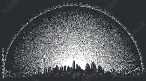 Artistic illustration of a city skyline silhouetted against a stylized night sky.