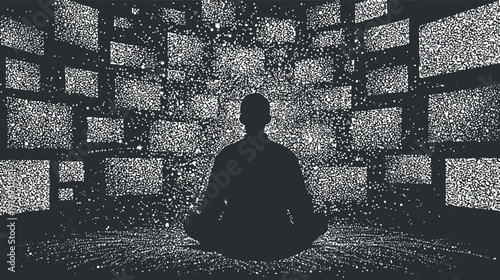 A silhouette of a person meditating surrounded by numerous digital screens filled with data.