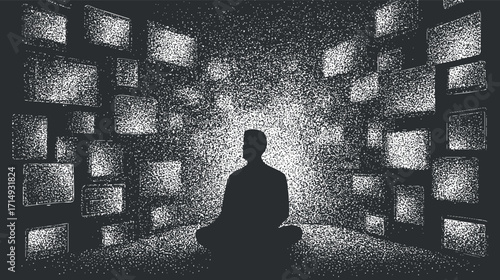A silhouette of a person meditating in a dark space filled with glowing screens