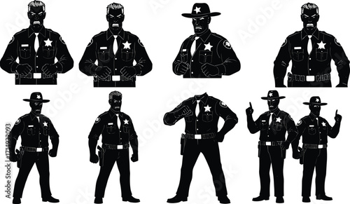 Vector illustration of sheriff police officer characters in uniform, strong masculine law enforcement figures, authority symbols for security, justice, and protection