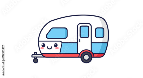 Cute Cartoon Travel Trailer with Happy Face Illustration.