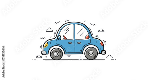 Hand-Drawn Blue Cartoon Car Illustration with Sketchy Outline.