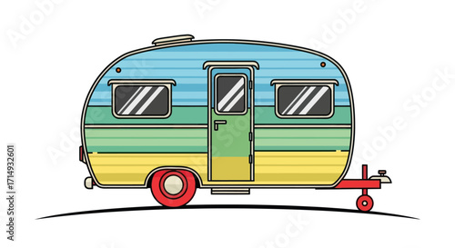 Colorful retro camper trailer illustration with blue green and yellow horizontal stripes.