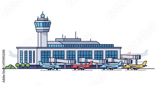 Modern Airport Terminal with Airplanes and Control Tower.