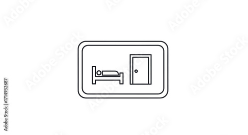 Simple Line Art Hotel Room Icon with Bed and Door.
