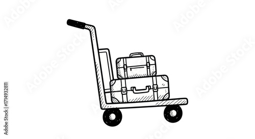 Hand-drawn Luggage Cart with Stacked Suitcases.