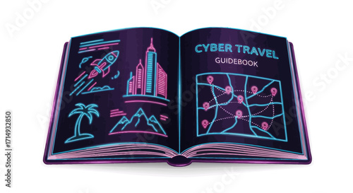 Open black book displaying a Cyber Travel Guidebook with glowing neon illustrations of a futuristic city rocket and map.