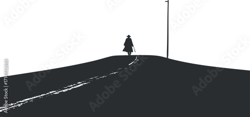 A minimalist silhouette of a person walking along a winding path in a tranquil landscape.