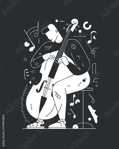 A stylized illustration of a musician playing the bass surrounded by musical elements and notes.