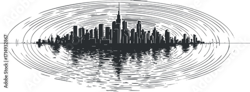 A stylized black and white skyline reflection over the water with rippling patterns.