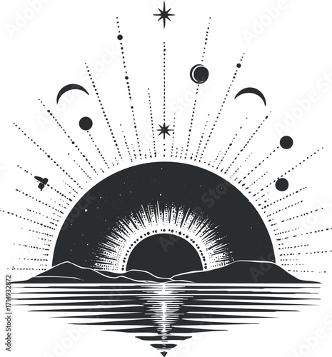 A minimalist black and white illustration of a sunset over water with celestial elements.