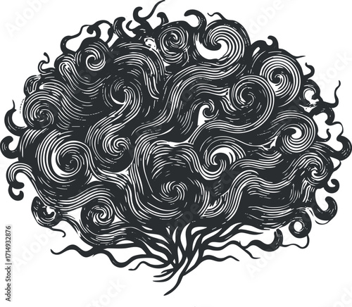 A stylized abstract representation of swirling hair or foliage resembling a tree with intricate patterns.