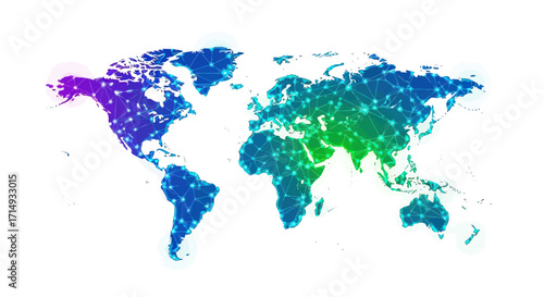 Colorful World Map with Connected Dots Representing Global Network.