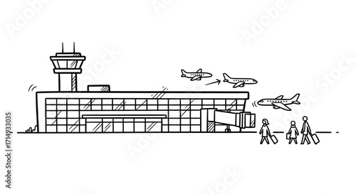 Hand-drawn sketch of an airport terminal with airplanes and passengers.
