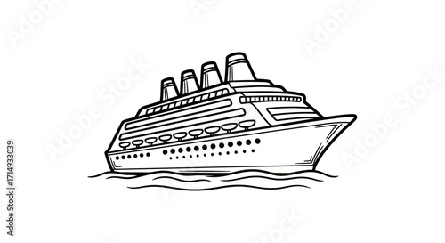 Hand-drawn illustration of a large passenger cruise ship sailing on water.