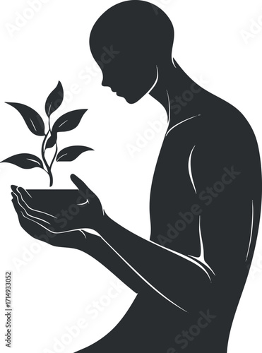 A silhouette of a person nurturing a small plant symbolizing growth and environmental care.