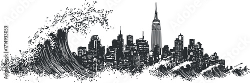 A dramatic black and white illustration of a city skyline engulfed by a large ocean wave.