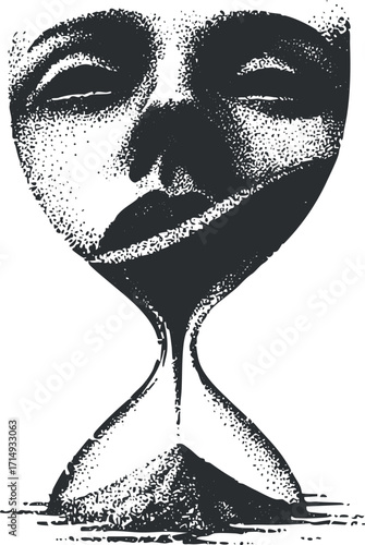 An abstract illustration merging a human face with an hourglass symbolizing the passage of time.