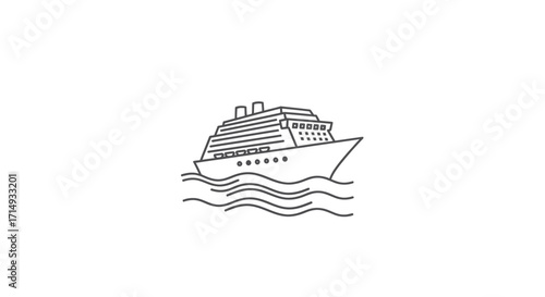 Cruise Ship Line Art Illustration on Water Nautical Vessel.