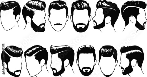 Black and White Vector Illustration of Male Hairstyles and Facial Hair Styles Collection Modern and Classic Haircuts for Men Graphic Design Element