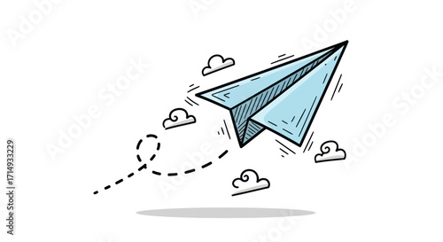Hand-drawn blue paper airplane soaring through stylized clouds.