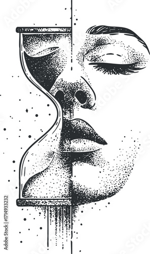 An artistic representation of a face intertwined with an hourglass symbolizing the passage of time.