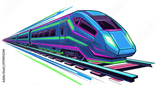 Futuristic Blue High-Speed Train on Railway Tracks.