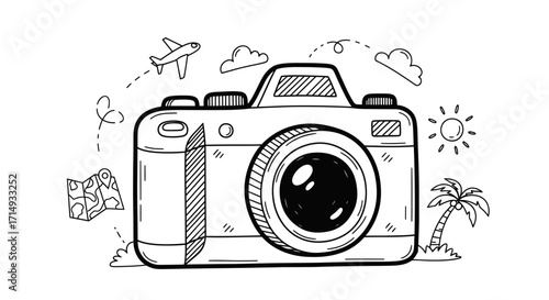 Hand-Drawn Sketch of a Camera with Travel Elements.