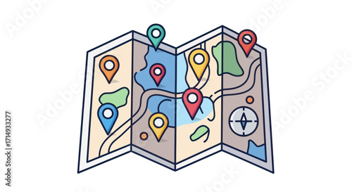 Colorful Folded Map with Multiple Location Pins Abstract Design for Navigation.